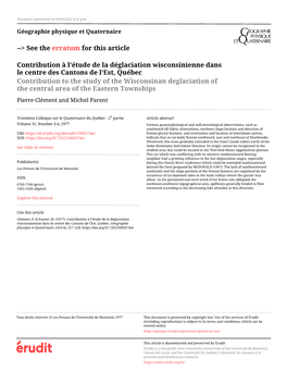 Contribution À L'étude De La Déglaciation Wisconsinienne Dans Le Centre Des Cantons De L'est, Québec