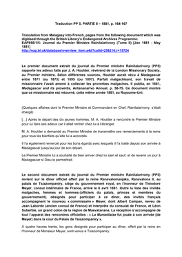 Traduction PP 5, PARTIE II – 1881, P. 164-167 Translation from Malagasy Into French, Pages from the Following Document Which W