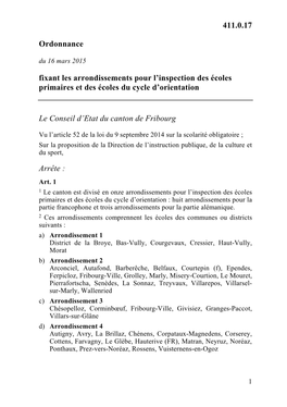 411.0.17 Ordonnance Fixant Les Arrondissements Pour L'inspection Des Écoles Primaires Et Des Écoles Du Cycle D'orientation