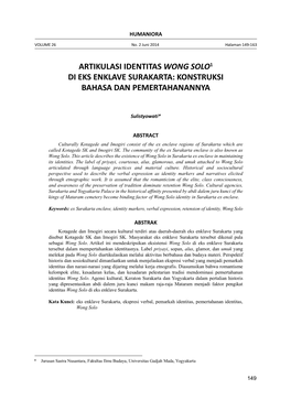 Artikulasi Identitas Wong Solo Di Eks Enklave Surakarta Sosial Budaya Yang Melibatkan Dua Hal