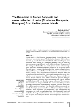 The Dromiidae of French Polynesia and a New Collection of Crabs (Crustacea, Decapoda, Brachyura) from the Marquesas Islands