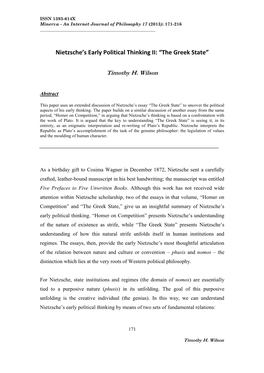 Nietzsche's Early Political Thinking II: “The Greek State” Timothy H. Wilson