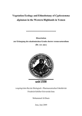 Vegetation Ecology and Ethnobotany of Cyphostemma Digitatum in the Western Highlands in Yemen