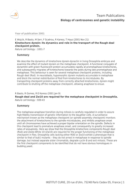 Team Publications Biology of Centrosomes and Genetic Instability