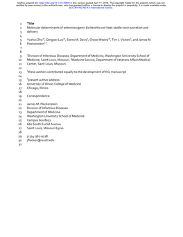 Molecular Determinants of Enterotoxigenic Escherichia Coli Heat-Stable Toxin Secretion and 3 Delivery 4 5 Yuehui Zhu1a, Qingwei Luo1a, Sierra M