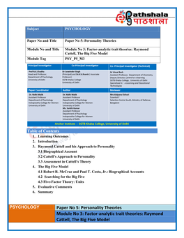 Factor-Analytic Trait Theories: Raymond Cattell, the Big Five Model Module Tag PSY P5 M3