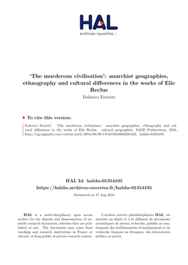 Anarchist Geographies, Ethnography and Cultural Differences in the Works of Elie Reclus Federico Ferretti