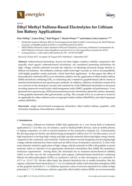 Ethyl Methyl Sulfone-Based Electrolytes for Lithium Ion Battery Applications