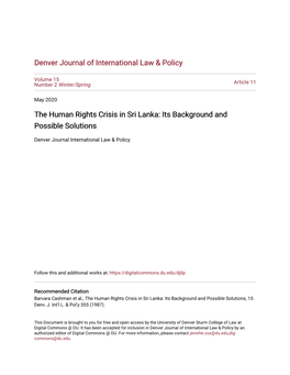 The Human Rights Crisis in Sri Lanka: Its Background and Possible Solutions