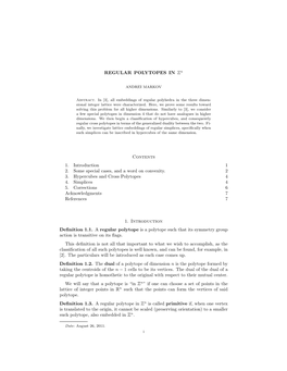 REGULAR POLYTOPES in Zn Contents 1. Introduction 1 2. Some