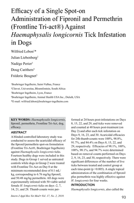 Frontline Tri-Act®) Against Haemaphysalis Longicornis Tick Infestation in Dogs Wilfried Lebon1* Julian Liebenberg2 Nadège Perier3 Doug Carithers4 Fréderic Beugnet3