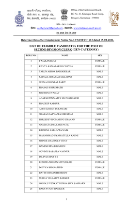 List of Eligible Candidates for the Post of Second Division Clerk (Gen Category)