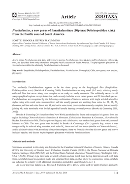 Neothalassius, a New Genus of Parathalassiinae (Diptera: Dolichopodidae S.Lat.) from the Pacific Coast of South America