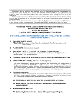 Torrance Parks and Recreation Commission Agenda Wednesday, August 11, 2021 Regular Meeting 7:00 P.M