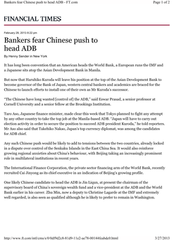 Bankers Fear Chinese Push to Head ADB - FT.Com Page 1 of 2