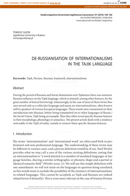 De-Russianisation of Internationalisms in the Tajik Language