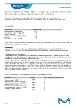 22092 Tryptic Soy Broth (TSB, (Tryptone Soya Broth, CASO Broth, Soybean Casein Digest Broth, Casein Soya Broth)