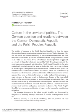 Culture in the Service of Politics. the German Question and Relations Between the German Democraticartificialartificial Republic Limbs, Limbs, Etc