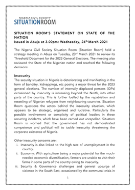 Situation Room's Statement on State of the Nation