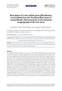 Siluriformes, Loricariidae) from the Tocantins River Basin in Central Brazil, with Comments on the Historical Zoogeography of the New Taxon
