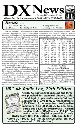 NRC AM Radio Log, 29Th Edition the NRC AM Radio Log Is Unbound and Three- Hole Punched for Standard Binders