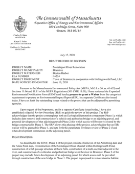 The Commonwealth of Massachusetts Executive Office of Energy and Environmental Affairs 100 Cambridge Street, Suite 900 Boston, MA 02114 Charles D