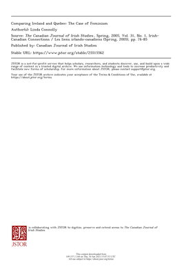 Comparing Ireland and Quebec: the Case of Feminism Author(S): Linda Connolly Source: the Canadian Journal of Irish Studies , Spring, 2005, Vol