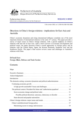 Directions in China's Foreign Relations-Implications for East Asia