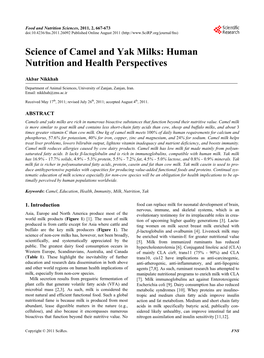 Science of Camel and Yak Milks: Human Nutrition and Health Perspectives