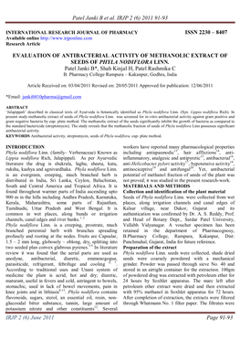 Evaluation of Antibacterial Activity of Methanolic Extract of Seeds of Phyla Nodiflora Linn