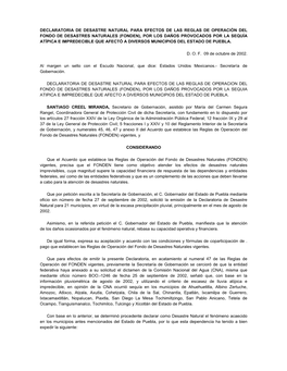 Fonden), Por Los Daños Provocados Por La Sequía Atípica E Impredecible Que Afectó a Diversos Municipios Del Estado De Puebla