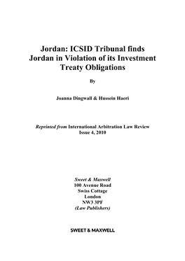 Jordan: ICSID Tribunal Finds Jordan in Violation of Its Investment Treaty Obligations