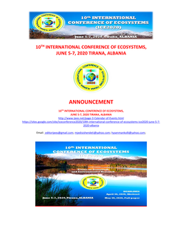10Th International Conference of Ecosystems, June 5-7, 2020 Tirana, Albania