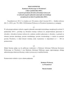 POSTANOWIENIE Komisarza Wyborczego We Wrocławiu I Z Dnia 1 Października 2018 R