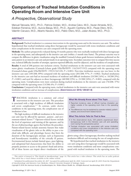 Comparison of Tracheal Intubation Conditions in Operating Room and Intensive Care Unit a Prospective, Observational Study