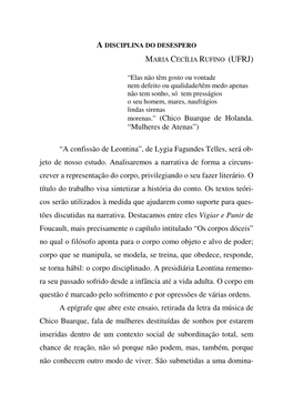 A Confissão De Leontina”, De Lygia Fagundes Telles, Será Ob- Jeto De Nosso Estudo