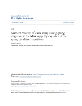 Nutrient Reserves of Lesser Scaup During Spring Migration in the Mississippi Flyway: a Test of the Spring Condition Hypothesis Michael J