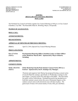 AGENDA REGULAR CITY COUNCIL MEETING MAY 2, 2016 The