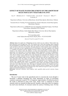 Effect of Waste Water Treatment on the Growth of Selected Leafy Vegetable Plants - 1585