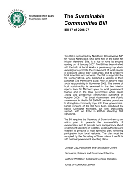 The Sustainable Communities Bill Which Had Been Published by David Cameron, Leader of the Conservatives, in November 2006