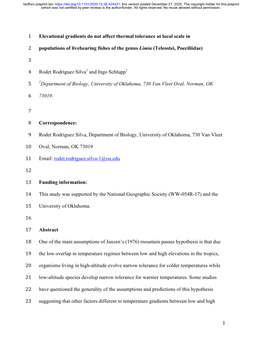 Elevational Gradients Do Not Affect Thermal Tolerance at Local Scale In