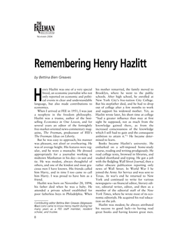 Remembering Henry Hazlitt by Bettina Bien Greaves