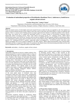 Evaluation of Antioxidant Properties of Strobilanthes Kunthiana Nees T, Anderson Ex, Benth Leaves Organic Solvent Extracts