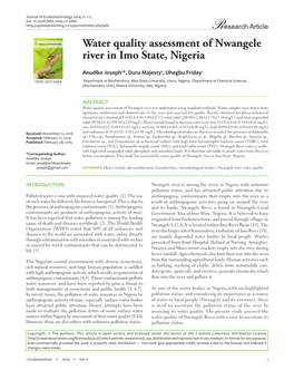 Water Quality Assessment of Nwangele River in Imo State, Nigeria