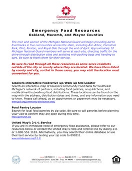 Emergency Food Resources Oakland, Macomb, and Wayne Counties