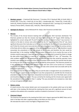 Minutes of Meeting of the Bodmin Moor Commons Council Annual General Meeting 19 Th November 2018 Held at Altanurn Church Hall at 7:30Pm