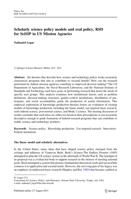 Scholarly Science Policy Models and Real Policy, RSD for Scisip in US Mission Agencies