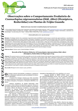 Observações Sobre O Comportamento Predatório De Cosmoclopius Nigroannulatus (Stål, 1860) (Hemiptera, Reduviidae) Em Plantas De Feijão Guandu