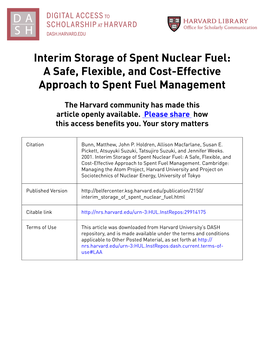 Interim Storage of Spent Nuclear Fuel: a Safe, Flexible, and Cost-Effective Approach to Spent Fuel Management