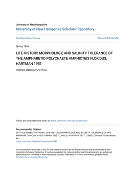 Life History, Morphology, and Salinity Tolerance of the Ampharetid Polychaete Amphicteis Floridus, Hartman 1951